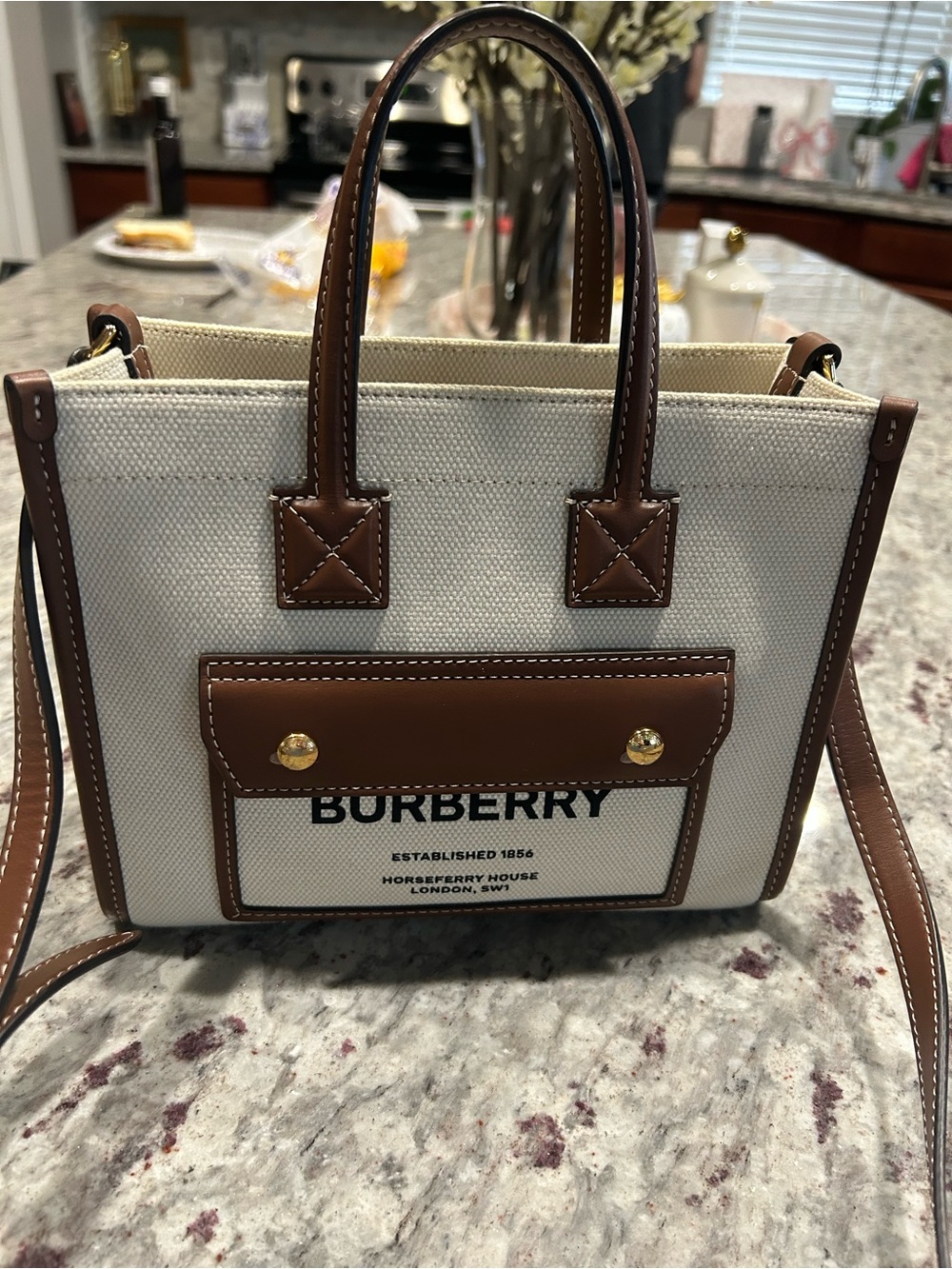 Burberry Mini Freys Tote in Cream Canvas w/Brown Leather Trim